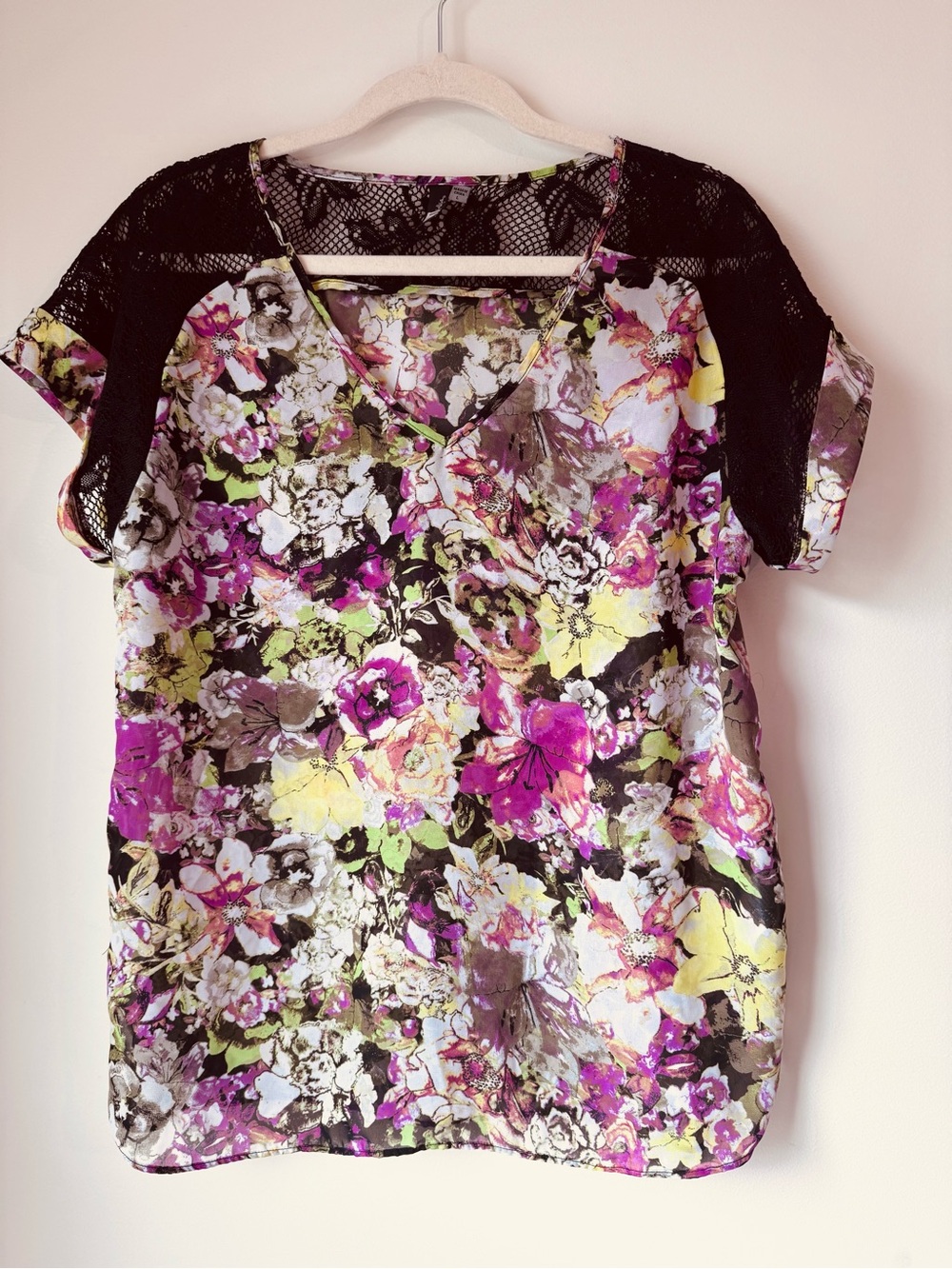 Kut from the Kloth Floral Mesh-Accent V-Neck Top - Black, Pink, Yellow, Green